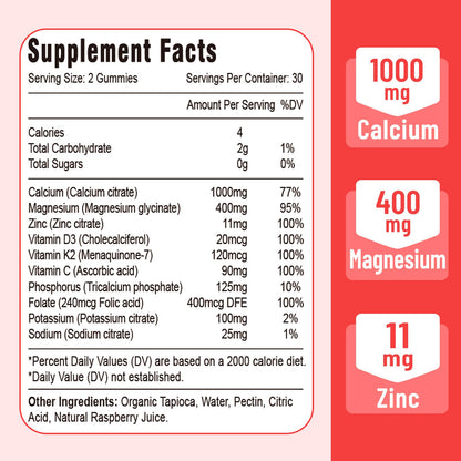 Calcium Magnesium Zinc Gummies with Vitamin D3 & K2 – Raspberry, 120 Gummies