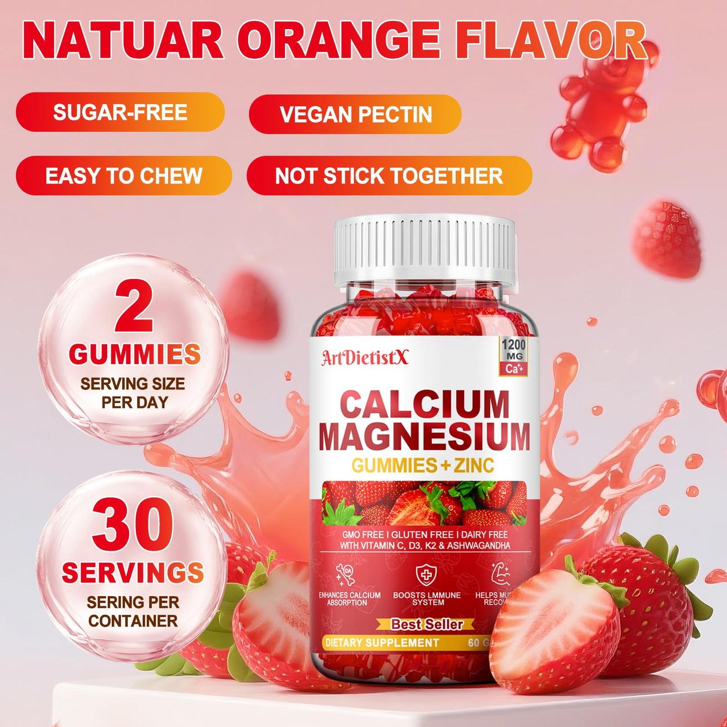 Calcium Magnesium Zinc Gummies with Vitamin D3 – 1200mg Calcium Citrate for Adults