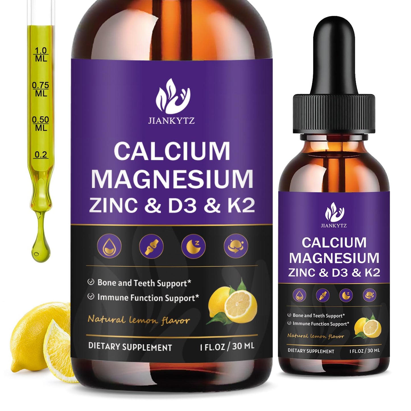 (2 Pack) Calcium Magnesium Zinc Liquid Drops - Lemon Flavor, Sugar Free