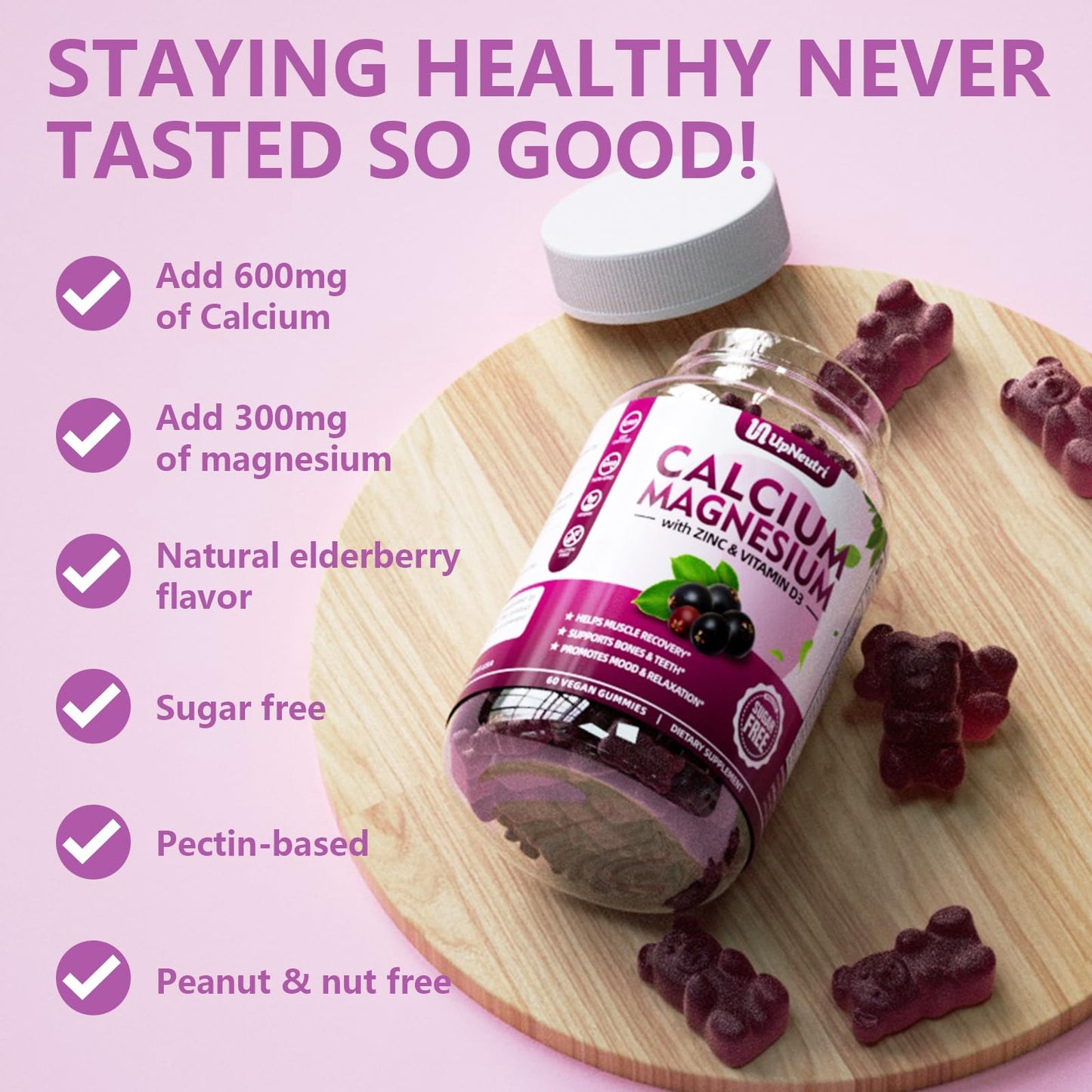 Calcium Magnesium Zinc with Vitamin D3 Gummies - Sugar Free, High Absorption - Elderberry (60 Gummies)