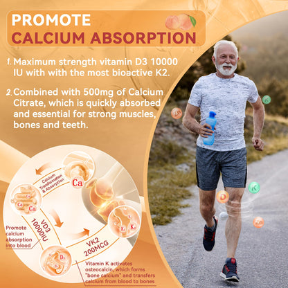 Vitamin D3 K2 Gummies 5000/10000 IU – Vegan, 60 Count | Calcium 500mg, MK-7 200mcg