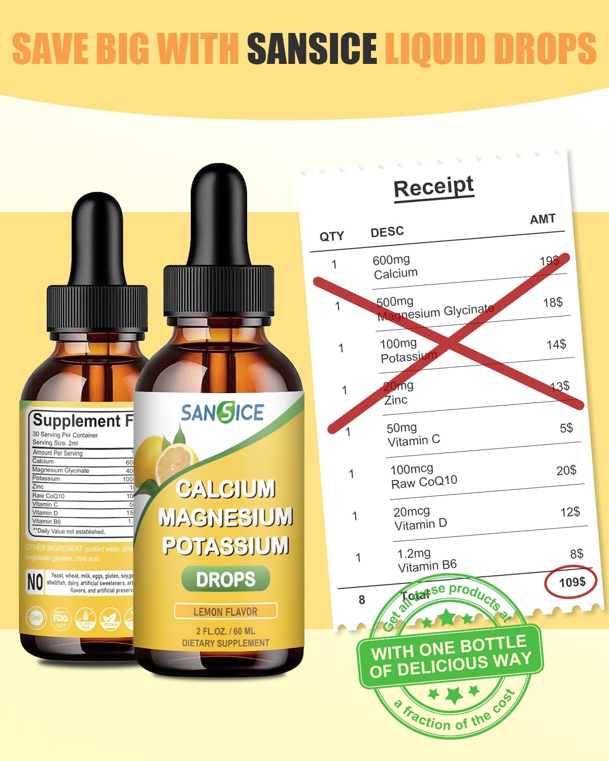Calcium Potassium Magnesium Liquid Drops – High-Absorption Magnesium Glycinate – 2 Pack