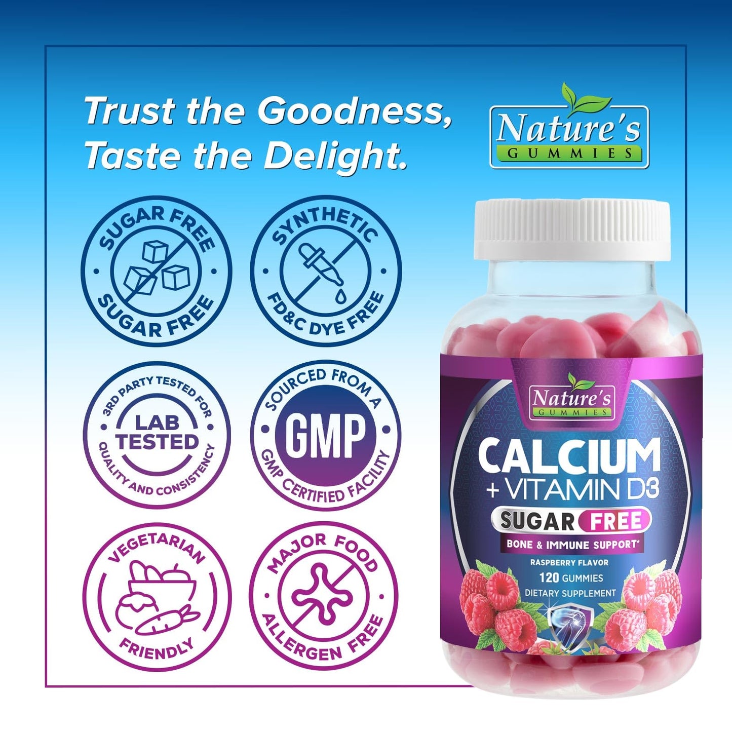 Calcium Gummies with Vitamin D3 (400 IU) - Sugar Free, 120 Count | Supports Immune Health & Bones