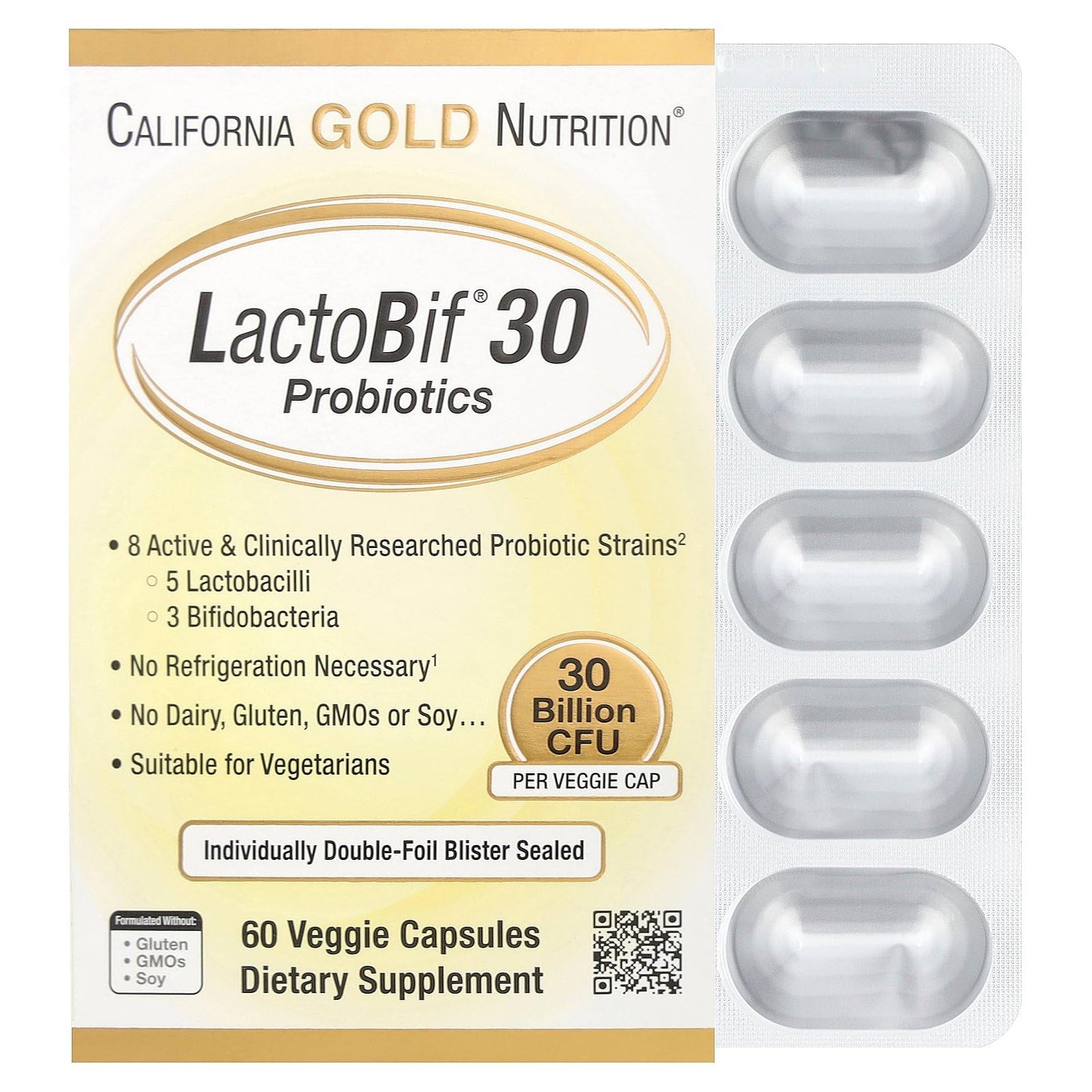 California Gold Nutrition LactoBif® 30 Probiotics – 30 Billion CFU, 60 Veggie Capsules | FloraFIT Probiotics by Danisco