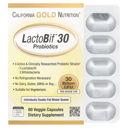 California Gold Nutrition LactoBif® 30 Probiotics – 30 Billion CFU, 60 Veggie Capsules | FloraFIT Probiotics by Danisco