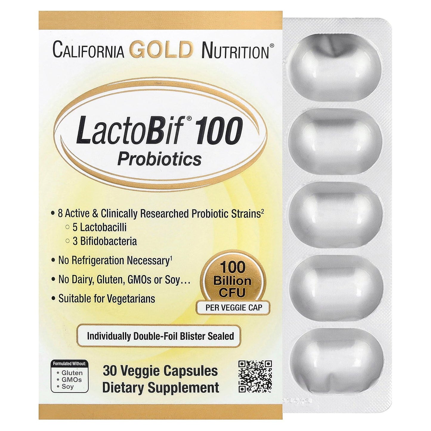 California Gold Nutrition LactoBif Probiotics – 100B CFU, 8 Strains, Sugar-Free, Vegetarian, 30 Capsules