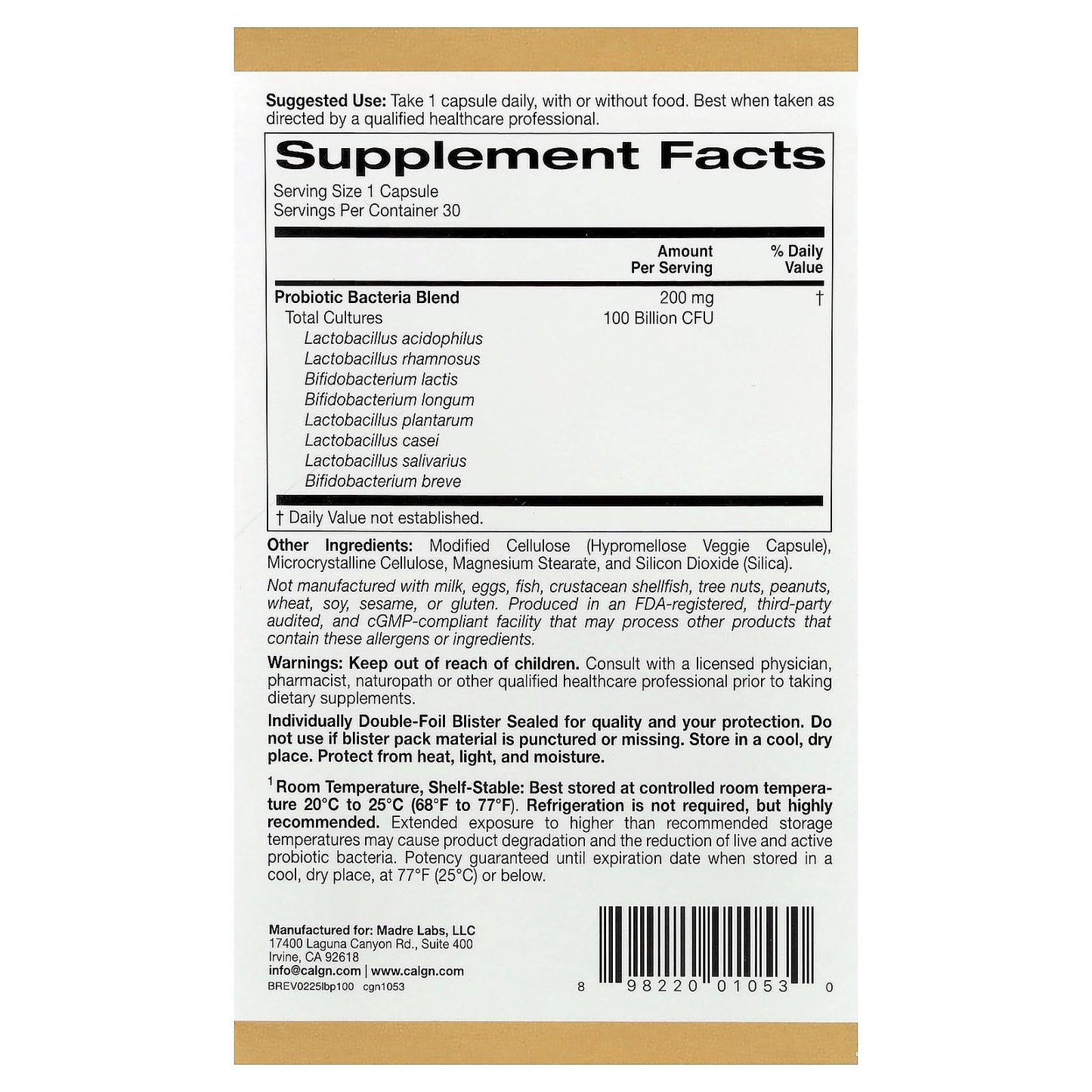 California Gold Nutrition LactoBif Probiotics – 100B CFU, 8 Strains, Sugar-Free, Vegetarian, 30 Capsules