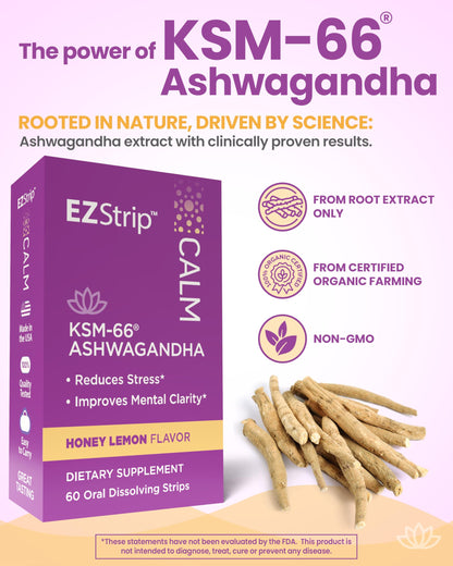 Calm KSM-66 Ashwagandha Strips | Stress & Focus | Honey Lemon | 60 Pack