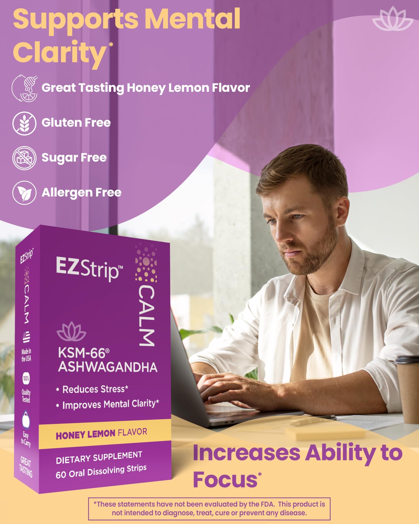 Calm KSM-66 Ashwagandha Strips | Stress & Focus | Honey Lemon | 60 Pack
