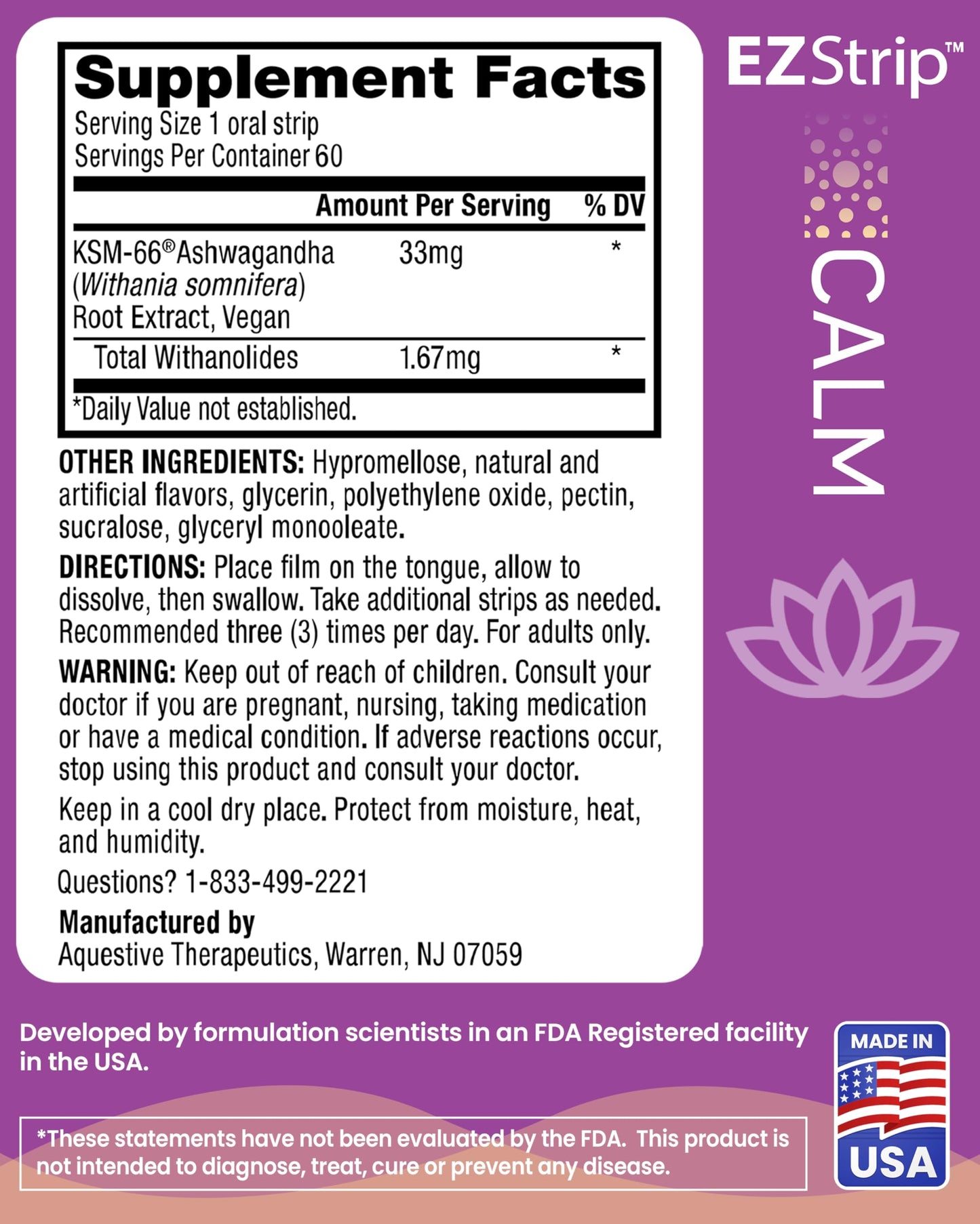 Calm KSM-66 Ashwagandha Strips | Stress & Focus | Honey Lemon | 60 Pack