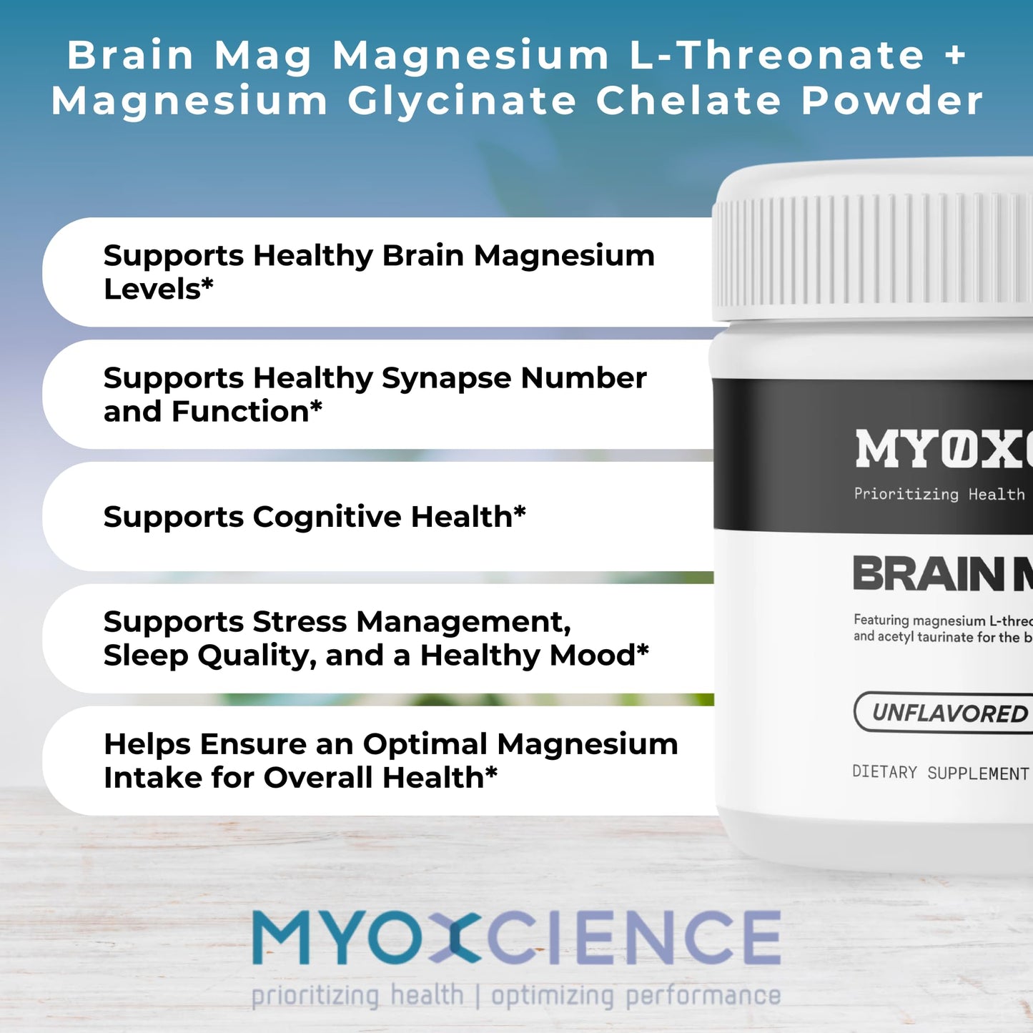MYOXCIENCE Brain Mag | Magnesium L-Threonate Magtein & Magnesium Glycinate Powder (Unflavored) – 60 Servings