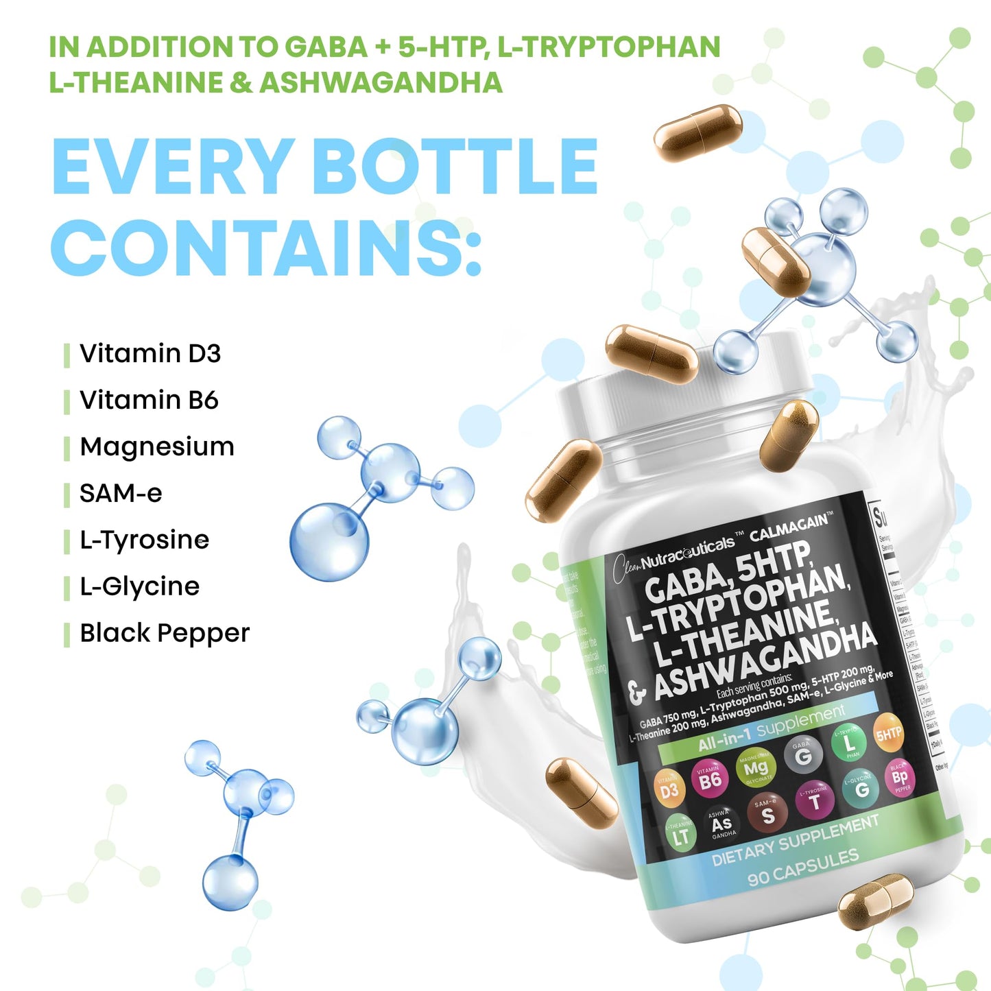 Clean Nutraceuticals CalmAgain – GABA 750mg, 5-HTP 200mg, L-Theanine 200mg Mood Support