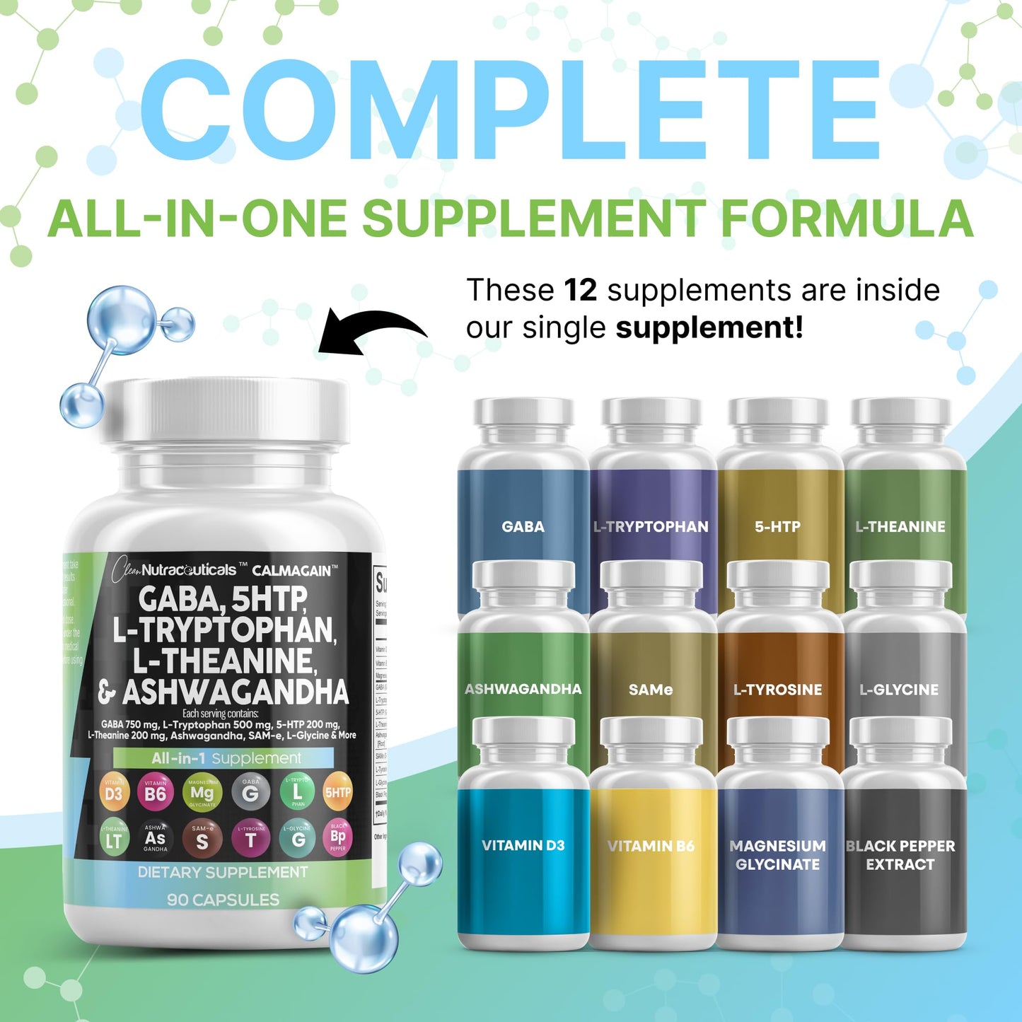 Clean Nutraceuticals CalmAgain – GABA 750mg, 5-HTP 200mg, L-Theanine 200mg Mood Support