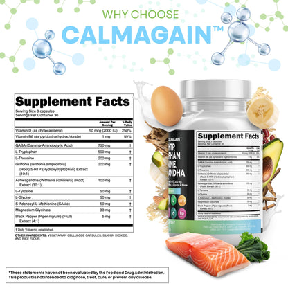 Clean Nutraceuticals CalmAgain – GABA 750mg, 5-HTP 200mg, L-Theanine 200mg Mood Support