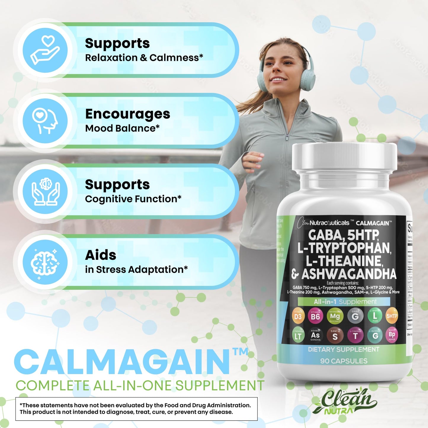 Clean Nutraceuticals CalmAgain – GABA 750mg, 5-HTP 200mg, L-Theanine 200mg Mood Support