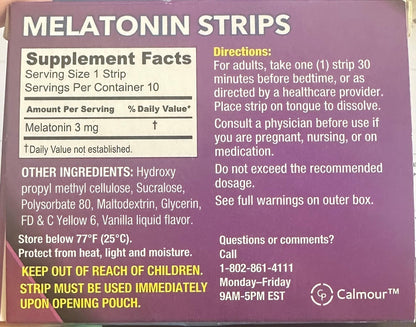 CALMOUR 10 Oral Sleep Strips | 3mg Melatonin Fast-Dissolving Sleep Aid for Restful Nights and Eye Health