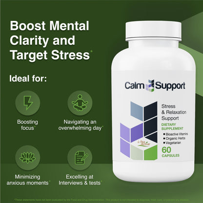 CalmSupport: Stress & Relaxation Support - Ashwagandha, Passion Flower, Valerian Root, Ginger, GABA, Velvet Bean, Motherwort, Oat Seed, Phyllanthus, L-Theanine, L-Tryptophan, Folate, C,B1,B6,B12,Zinc