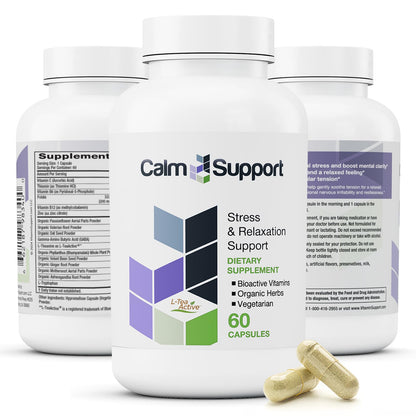 CalmSupport: Stress & Relaxation Support - Ashwagandha, Passion Flower, Valerian Root, Ginger, GABA, Velvet Bean, Motherwort, Oat Seed, Phyllanthus, L-Theanine, L-Tryptophan, Folate, C,B1,B6,B12,Zinc