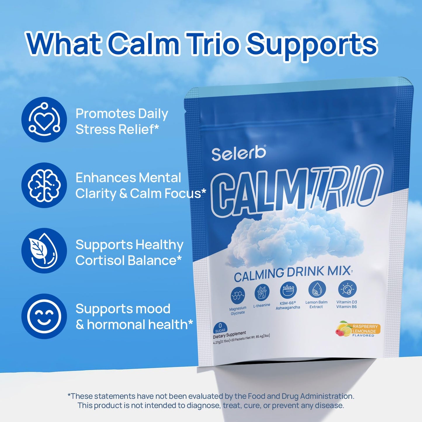 CalmTrio Magnesium Glycinate Powder – No Sugar, Cortisol Balance, Raspberry Lemon 20 Ct