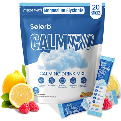 CalmTrio Magnesium Glycinate Powder – No Sugar, Cortisol Balance, Raspberry Lemon 20 Ct