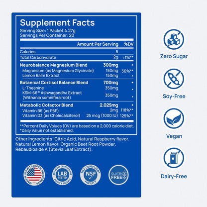 CalmTrio Magnesium Glycinate Powder – No Sugar, Cortisol Balance, Raspberry Lemon 20 Ct