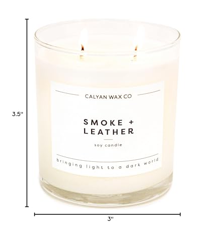 Calyan Wax Co. Smoke & Leather 2-Wick Soy Candle – 37-Hour Burn, 8.8oz