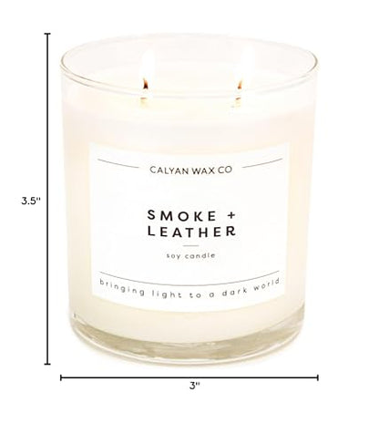 Calyan Wax Co. Smoke & Leather 2-Wick Soy Candle – 37-Hour Burn, 8.8oz