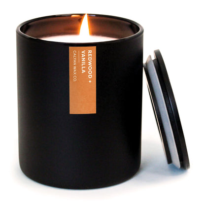 Calyan Wax Co. Redwood & Vanilla Candle — 75-Hour Soy, Black Tumbler, 10.2oz
