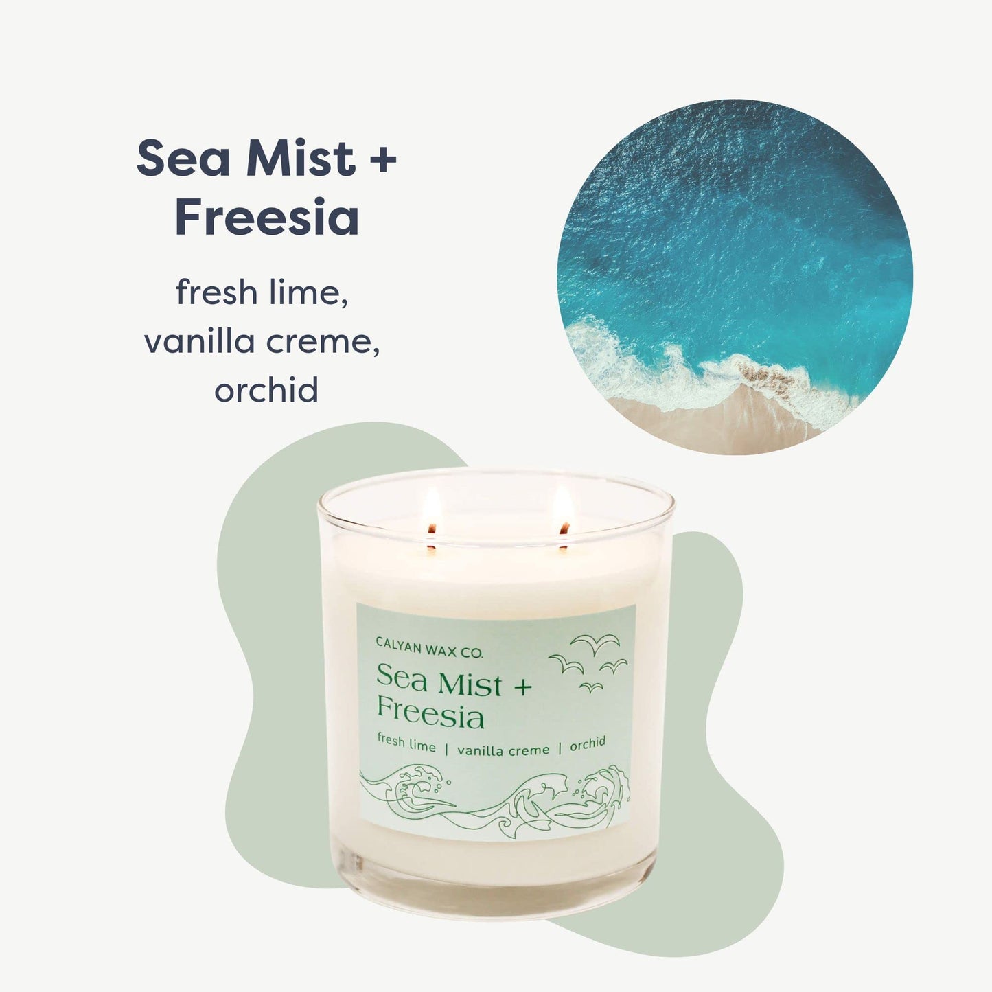 Calyan Wax Co. Sea Mist & Freesia – 2 Wick Soy Candle, 8.8oz | 37h Burn