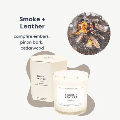 Calyan Wax Co. Smoke & Leather 2-Wick Soy Candle – 37-Hour Burn, 8.8oz