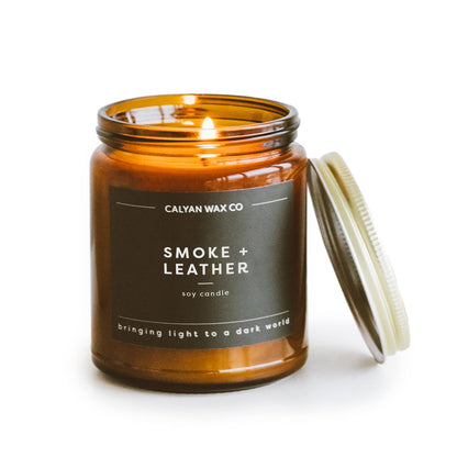 Calyan Wax Co. Smoke & Leather Candle — 57-Hour Soy, Amber Jar
