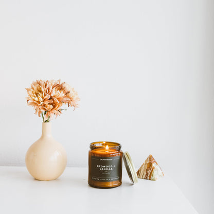 Calyan Wax Co. Redwood & Vanilla Soy Candle – 57 Hr Burn | 7.2oz Amber Jar