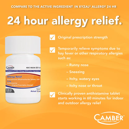Camber Consumer Care Levocetirizine Dihydrochloride 5mg Tablets – All-Day Allergy Relief (180 Count)