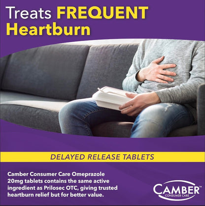 Camber Omeprazole 20mg Delayed-Release Tablets | 28-Count Heartburn Relief