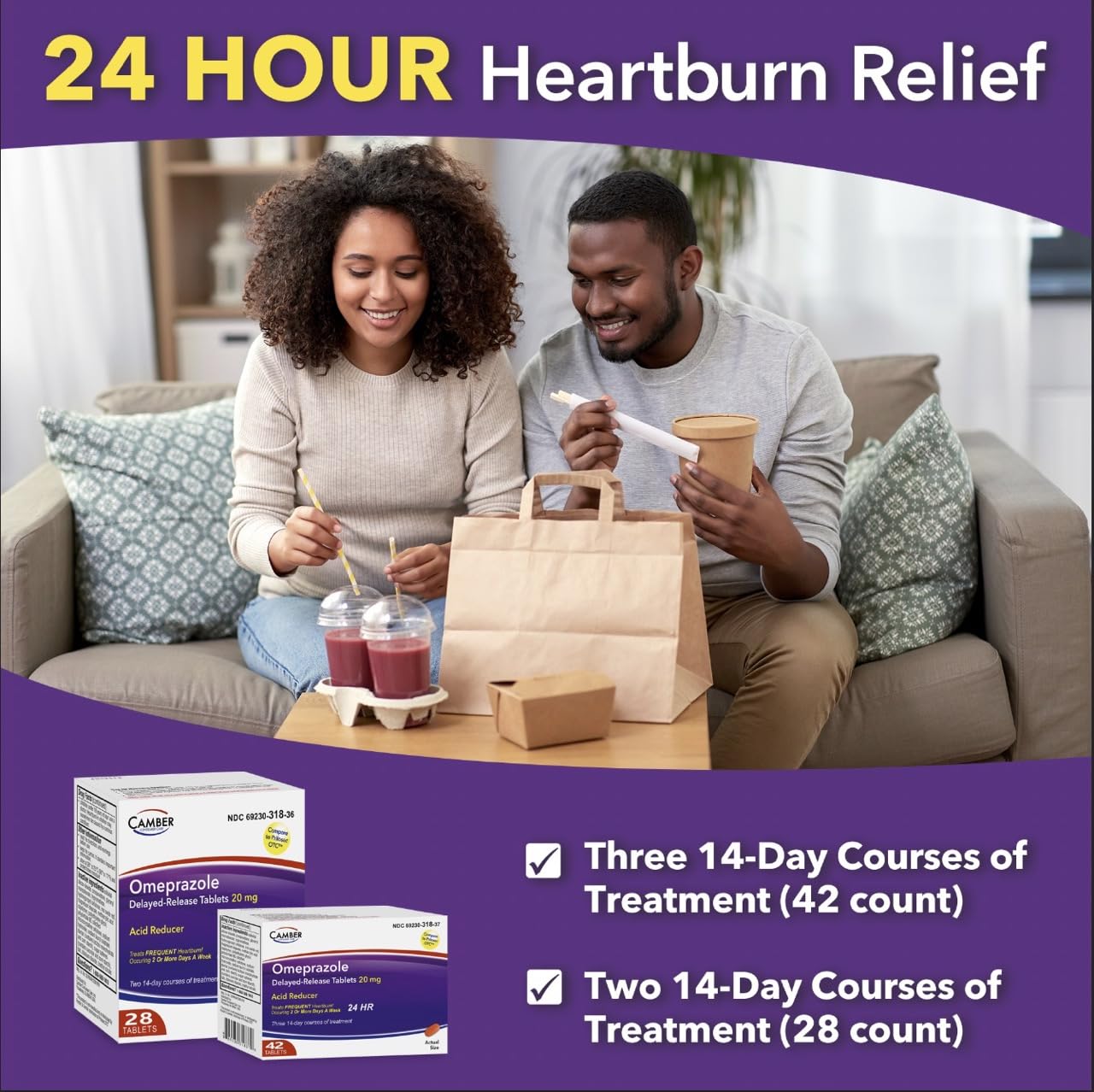 Camber Omeprazole 20mg Delayed-Release Tablets | 28-Count Heartburn Relief
