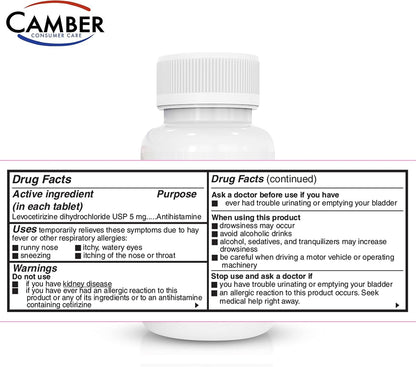 Camber Consumer Care Levocetirizine Dihydrochloride 5mg Tablets – 24-Hour Allergy Relief (80 Count) Compare to Xyzal