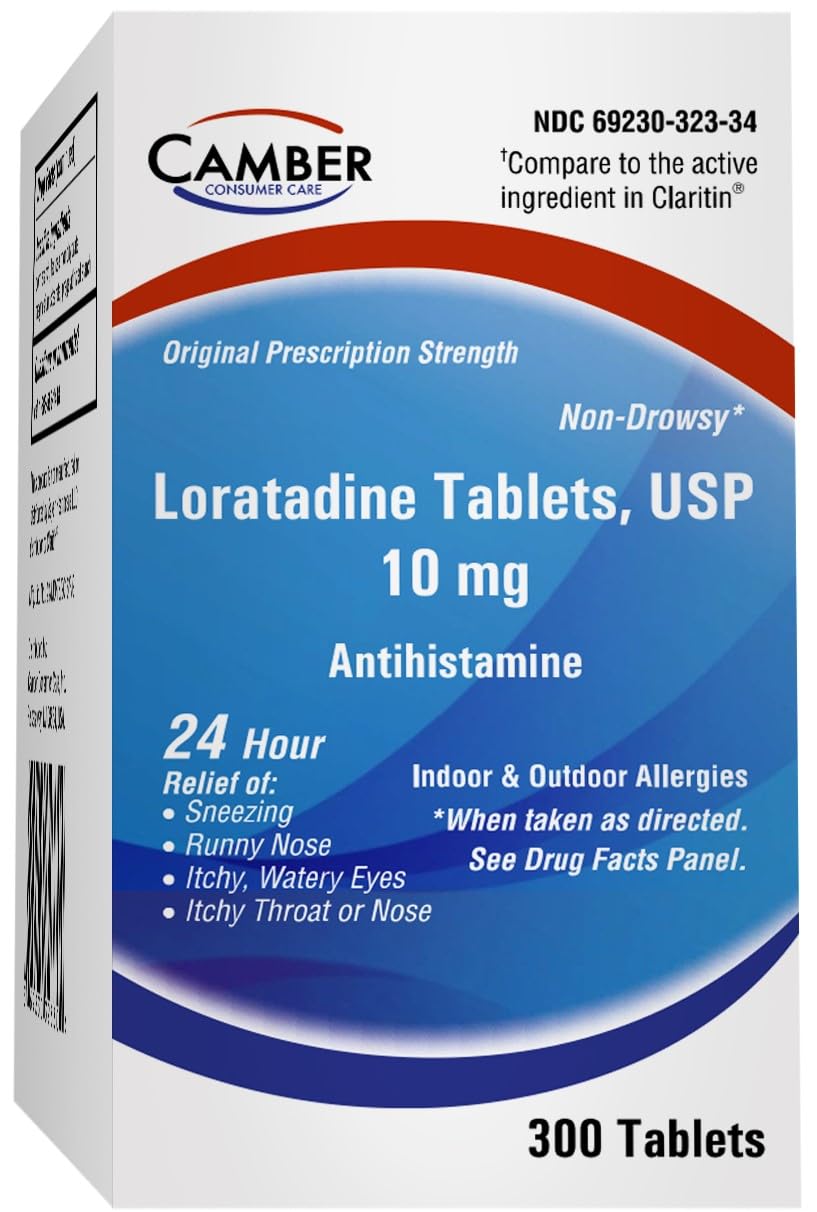 Camber Loratadine 10mg Allergy Pills - 24 Hour Non-Drowsy Relief (300 Tablets)