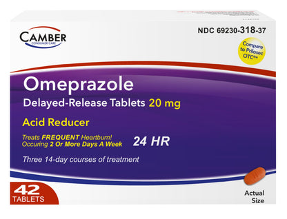 Camber Omeprazole 20mg Delayed-Release Tablets | Heartburn & Acid Reflux Relief (42 Count)