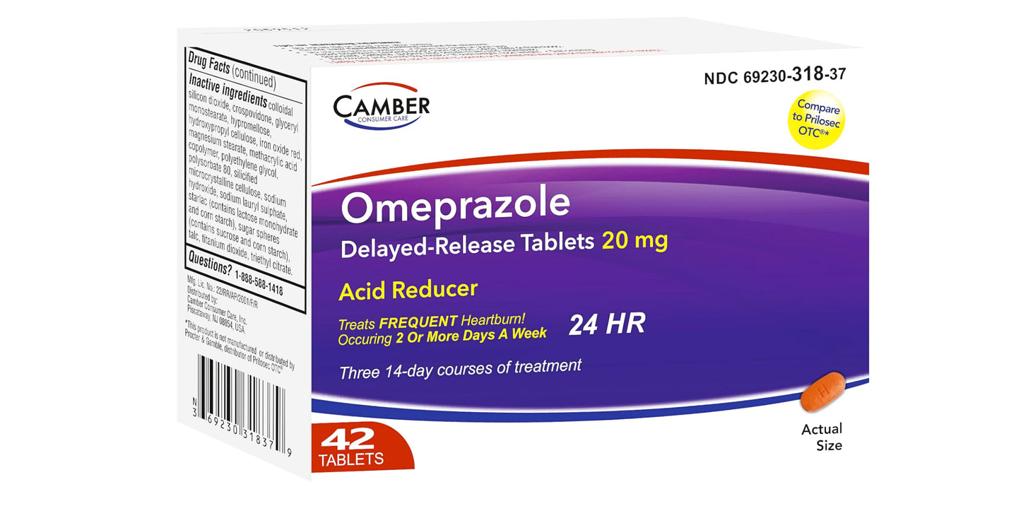 Camber Omeprazole 20mg Delayed-Release Tablets | Heartburn & Acid Reflux Relief (42 Count)