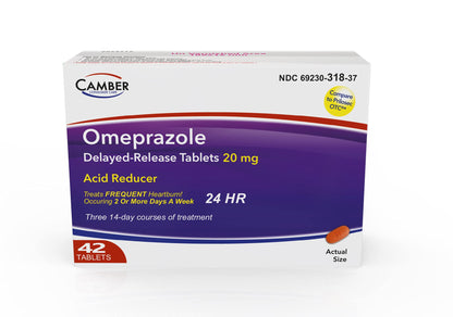 Camber Omeprazole 20mg Delayed-Release Tablets | Heartburn & Acid Reflux Relief (42 Count)