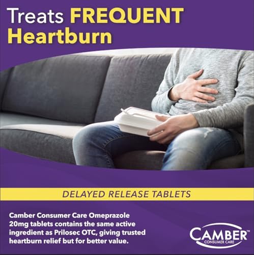 Camber Omeprazole 20mg Delayed-Release Tablets | Heartburn & Acid Reflux Relief (42 Count)