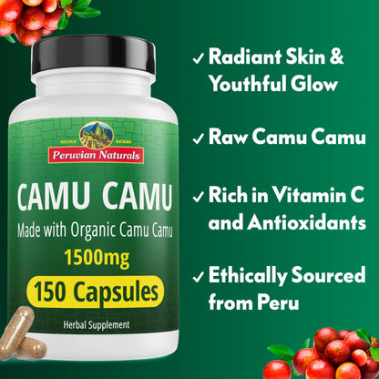 Peruvian Naturals Organic Vitamin C from Camu Camu Capsules 1,500mg - 300 Vegan Pills, Natural Vitamin C from Whole Food Camu Berry Organic, Non-GMO