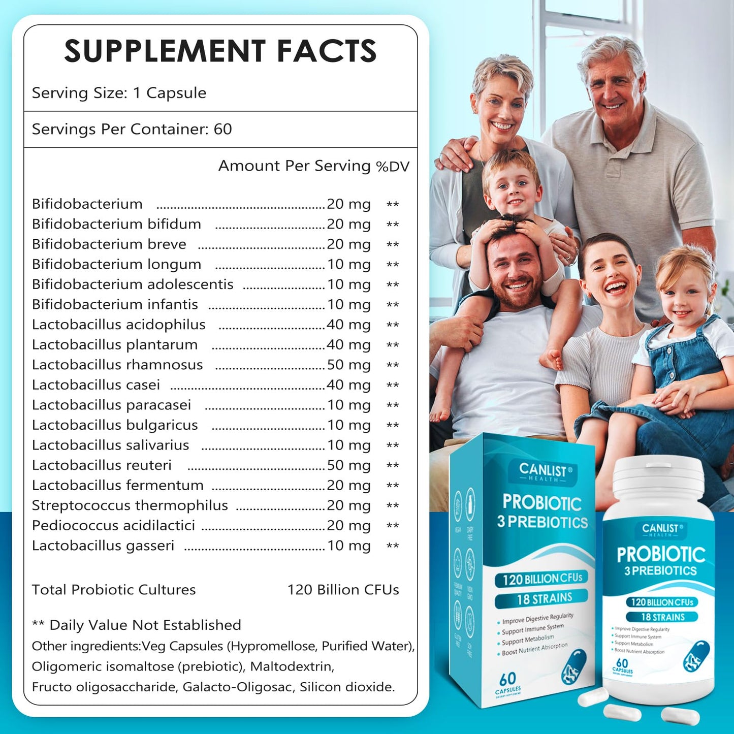 CANLIST Probiotics 120B CFUs – 18 Strains, Prebiotics & Digestive Enzymes – 60 Caps (Non-GMO)