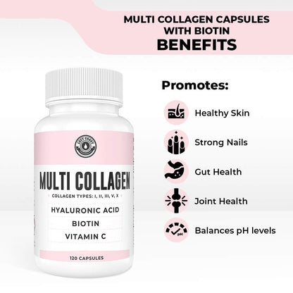 Collagen Capsules with Biotin, Hyaluronic Acid & Vitamin C – Multi-Collagen Peptides (120 Count)