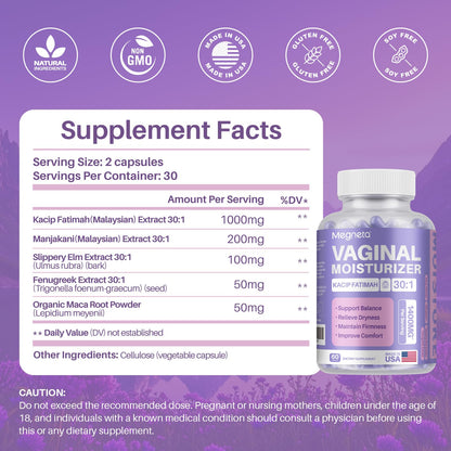 MEGNETA Vaginal Moisturizer Capsules – Kacip Fatimah 1000mg & Manjakani 200mg, Slippery Elm, Vegan (120 Capsules)