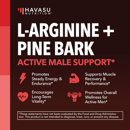 L-Arginine 1800mg & Pine Bark 100mg – Nitric Oxide for Men (90 Count)
