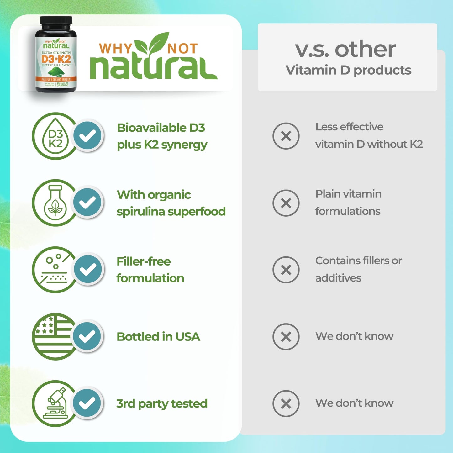 Vitamin D3 K2 (MK-7) with Organic Spirulina – 10,000 IU Veggie Capsules for Bone Health & Immunity