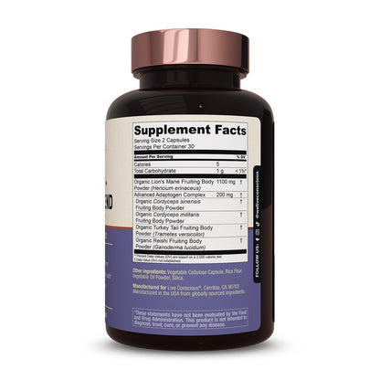 Live Conscious Lions Mane Mushroom Supplement Capsules for Brain Support - Lion's Mane, Cordyceps, Reishi & Turkey Tail