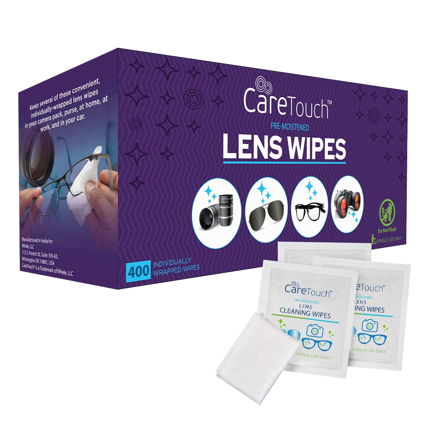 Care Touch Lens Wipes - 400 Count Pre-Moistened Wipes for Eyeglasses, Sunglasses & Camera Lenses | Gentle & Portable