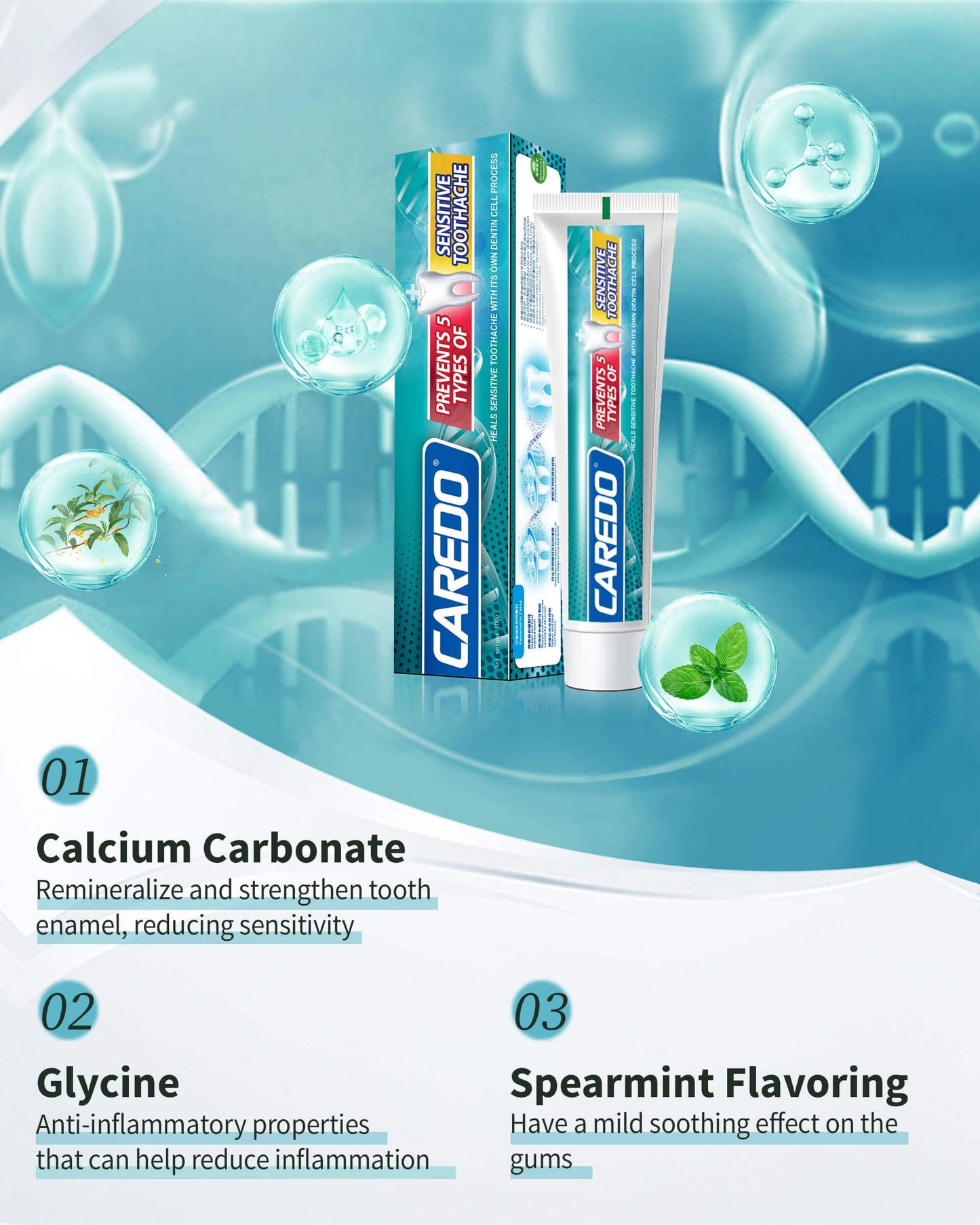 CAREDO Sensitive Teeth Relief Toothpaste for Adults – Enamel Care, Remineralizing, Sensitivity Relief, Fluoride Free 3.52 oz